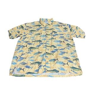 Vintage Columbia Men's Orange Fish Print Rayon Cotton L Short Sleeve Button Up